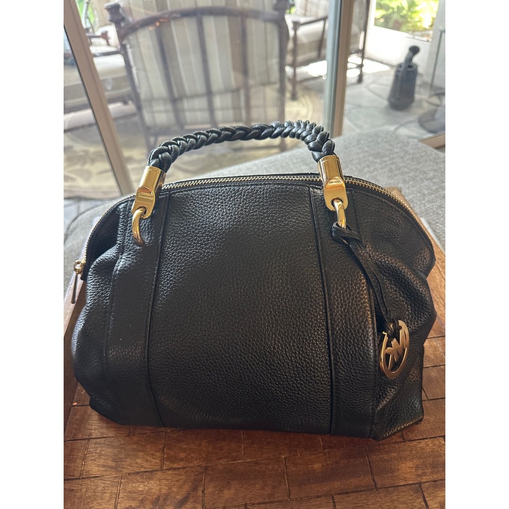 Michael Kors Black Pebbled Leather Satchel Braided‎ Handle Gold Hardware Bag EUC